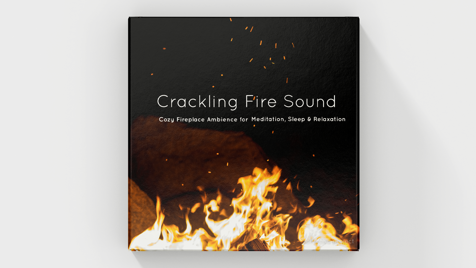 Warm glowing fireplace with gentle crackling fire representing a cozy ambient soundscape for sleep, relaxation, and meditation